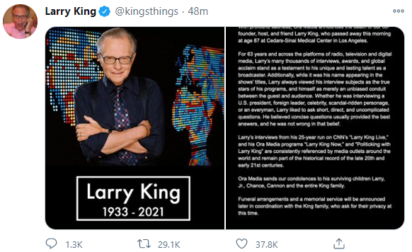 ‘미국 토크쇼 전설’래리 킹, 코로나로 사망 … ’63 년 방송 앵커’