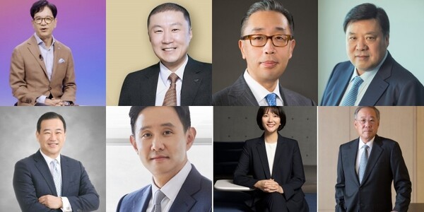 윗줄 왼쪽부터 시계 방향으로 이재현 CJ그룹 회장, 구자은 LS그룹 회장, 박지원 두산에너빌리티 회장, 서정진 셀트리온 회장, 류진 한국경제인합회 회장, 최수연 네이버 대표, 최윤범 고려아연 회장, 김상현 롯데그룹 부회장